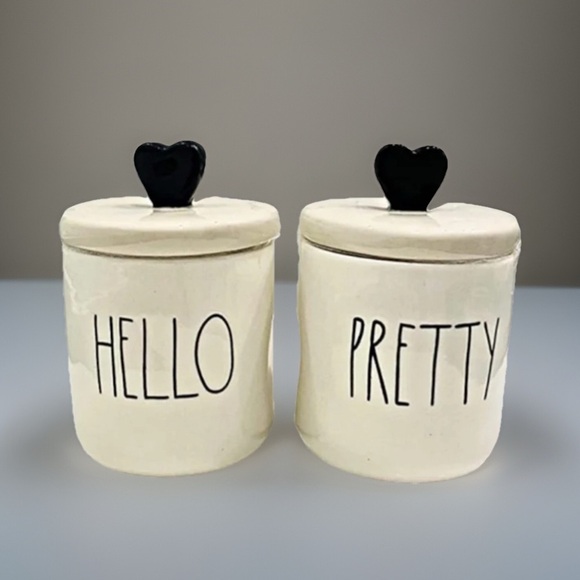 Rae Dunn by Magenta HELLO PRETTY Ceramic 2pc Mini Canisters w/black heart topper - Picture 3 of 7